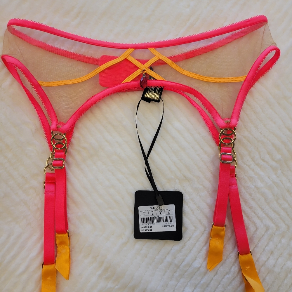 Honey Birdette Saskia Pink and Yellow Sheer Garter Belt